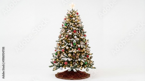 A festive evergreen christmas tree decorated with colorful ornaments and bright glowing lights