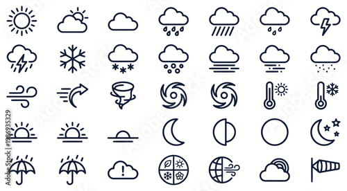 icon set in modern clean line style representing weather conditions and atmospheric elements for web and mobile UI