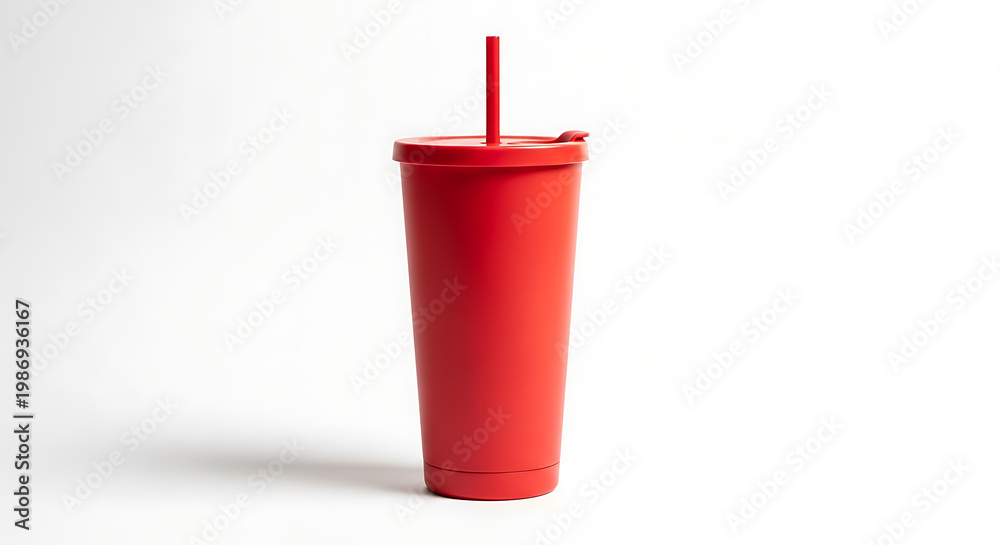 Obraz premium Vibrant Red Reusable Tumbler with Lid and Straw, Perfect for Hydration on a Clean White Background