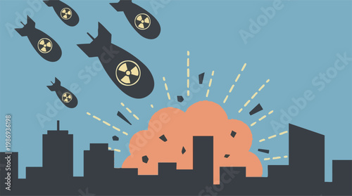 Nuclear bombs falling on urban city skyline with a large explosion