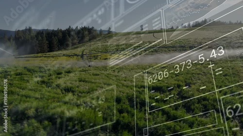 Agritech system activating sprinkler, nozzle spraying mist while GUI panels sliding for monitoring