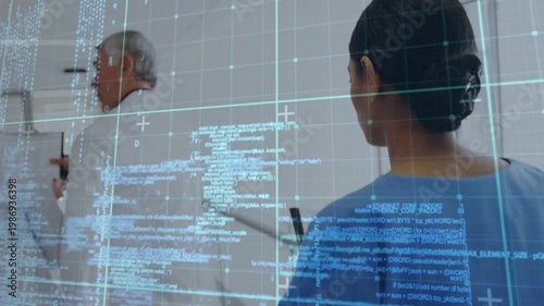 Senior doctor leading discussion while doctor tapping tablet and starting data overlay nurse noting