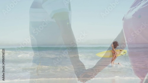 Overlaid couple holding hands over shore, surfer entering right, wading waves with yellow board ads