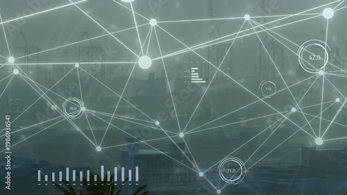 Glowing mesh growing over hazy port skyline, live feed driving gauges, bar charts for tech insight