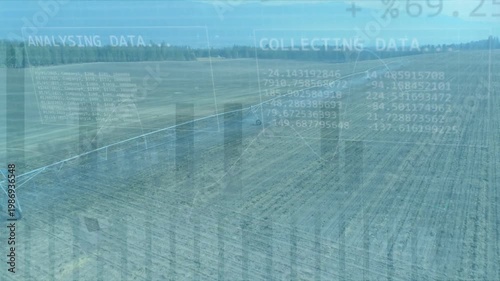 Pivot irrigation arm advancing across field, sensors collecting data and overlays animating charts