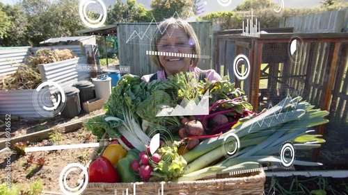 Senior gardener presenting basket to camera for agriculture, starting HUD overlays measuring yield