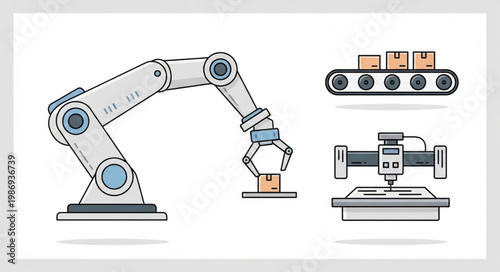 Industrial robot arm conveyor belt and CNC machine illustration.