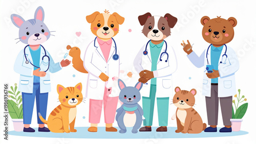 Cute Animal Doctor and Patient Vector Set for Kids Medical Illustration
