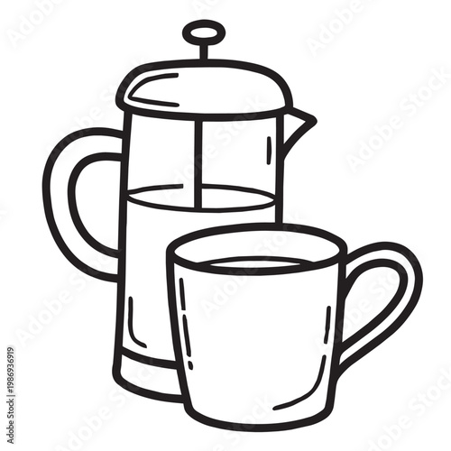 french press and mug, clean doodle drawing