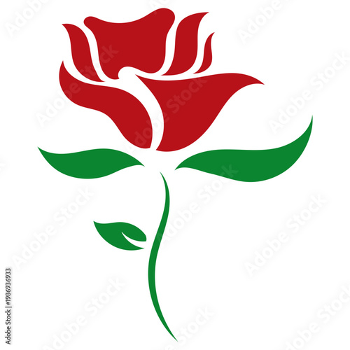 Red Rose Flower Graphic Vector with Green Stem and Leaves