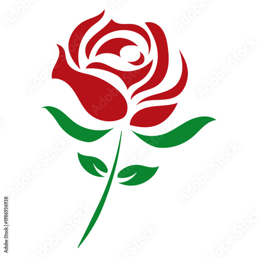 Stylized red rose illustration with green stem and leaves