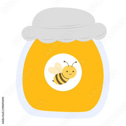 Cute honey jar illustration with a small bee on the label