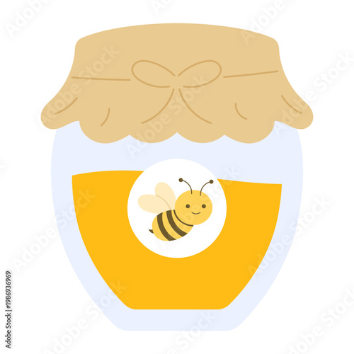 Glass jar of golden organic honey with cute bee label illustration