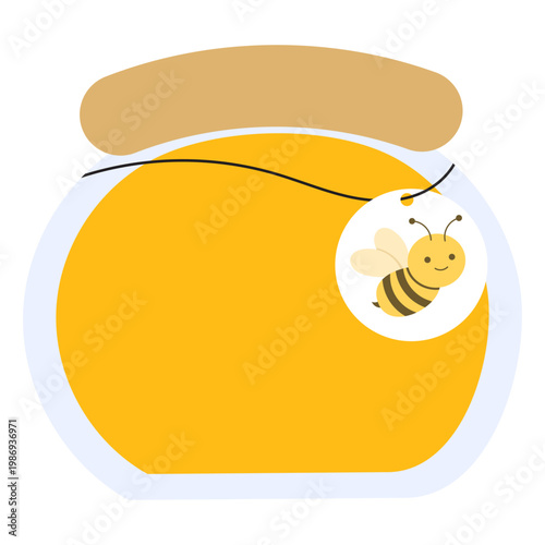 Honey Jar Illustration with Cute Bee Tag Label