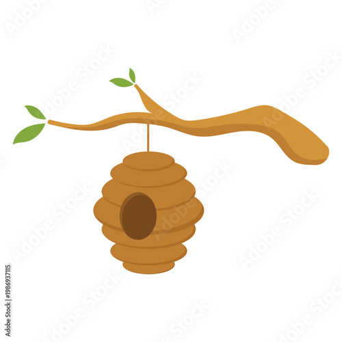 Cartoon Illustration of a Hanging Beehive on a Tree Branch