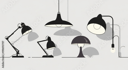 Collection of modern black lamps and lighting fixtures.