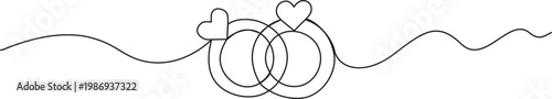 Minimalist wedding ring one line outline illustration on white showcasing two overlapping circular bands in a dynamic and artistic continuous stroke Engagement Ring with Heart Continuous One Line Draw