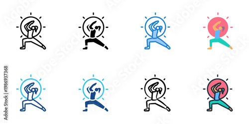 Sunrise yoga icons set multiple style collection. Editable stroke 
