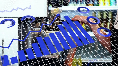 Barista hand entering, using espresso machine, generating blue AR charts showing coffee sales