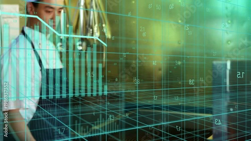 Chef shifting and reaching grill, fixing apron, causing teal AR charts tracking kitchen metrics