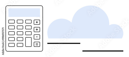 Cloud computing, data storage, digital finance, remote calculation, financial planning, technology concept. A digital calculator next to a cloud graphic. Cloud computing and data storage concept