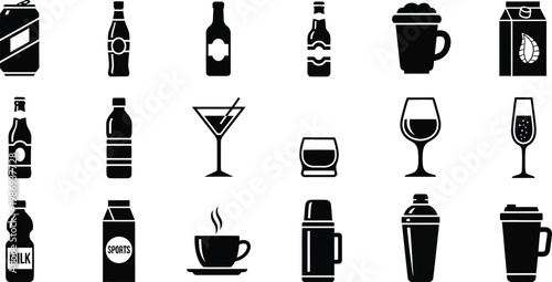 Black and white beverage including bottles and glasses drink