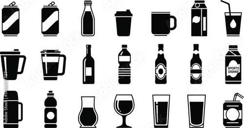 Black and white beverage including bottles cans and glasses drink