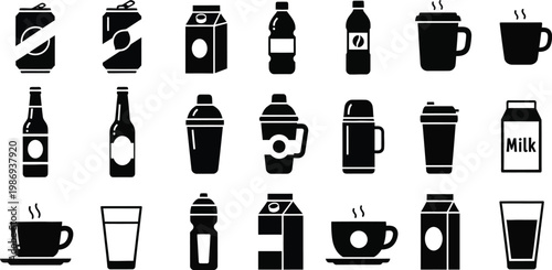 Black and white beverage including coffee cups soda bottles and milk cartons beverages