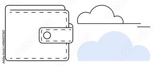 Digital finance, cloud storage, online payments, technology integration, virtual wallets, data security. A wallet icon beside clouds. Digital finance and cloud storage for technology use