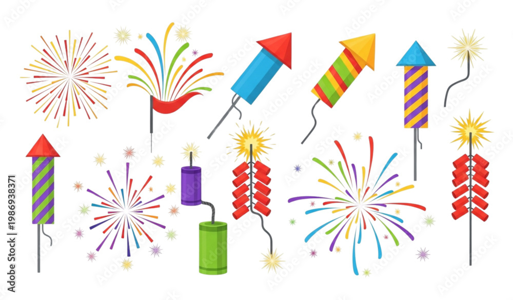 Fototapeta premium Firecrackers fireworks vector flat colorful celebration set illustration