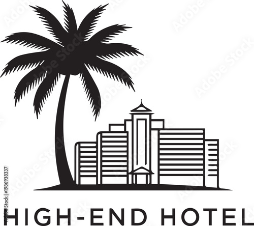 Black and white illustration of a highend hotel with a palm tree