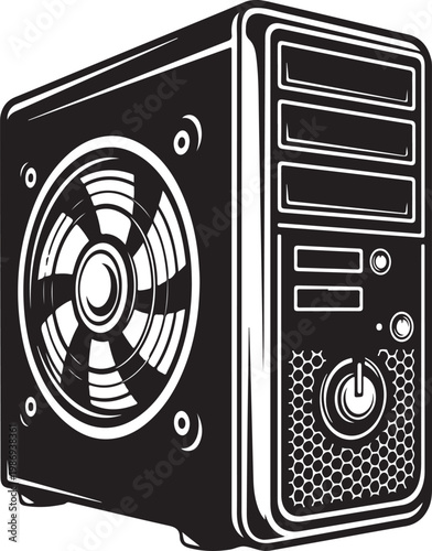 Desktop computer tower with cooling fan on transparent background, powerful gaming workstation, modern PC hardware for technology