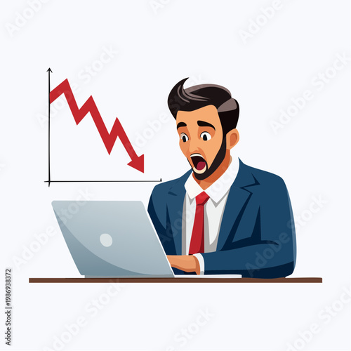 Man in blue suit looking shocked at declining graph on laptop