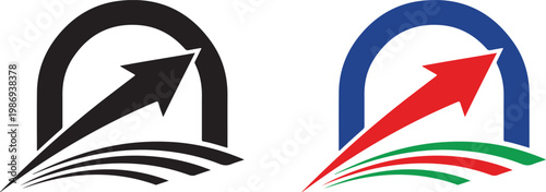 Dual versions of arched gate and rising arrow logo showing black and multicolor options for professional branding