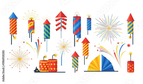 Fireworks collection vector colorful flat firecrackers festive design set