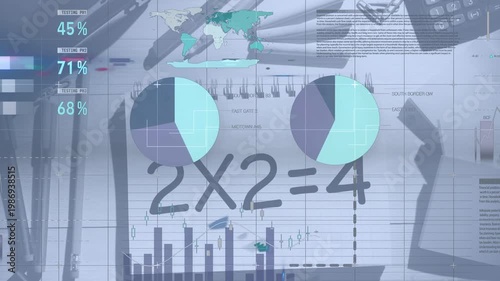 Data overlays appearing handwritten equation 2X2=4 animating over notebook and pens showing data