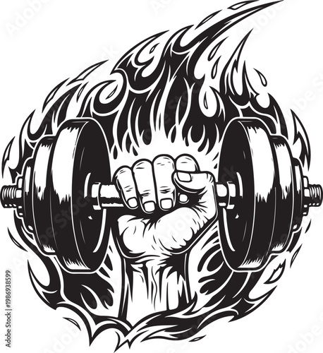 Fist holding dumbbell with fire tribal flames, gym workout, strength training, powerful symbol