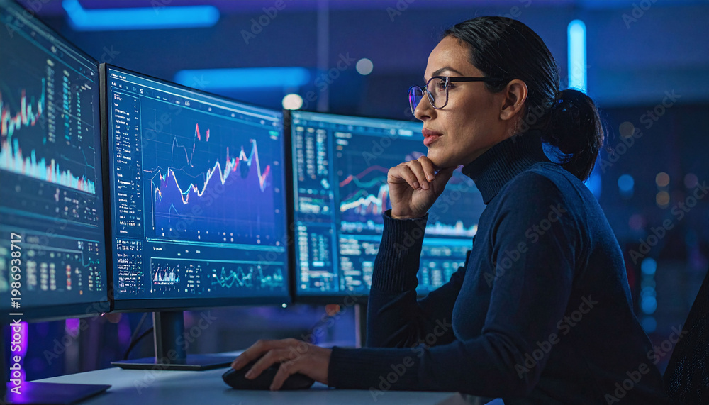 Fototapeta premium Focused female expert analyzes complex financial charts on multiple monitors in a hightech dark office. Ideal for themes of data science, stock trading, and advanced cybersecurity tech.