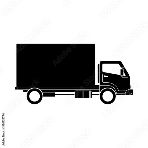 Black and white silhouette icon of a box truck. Vector of a box truck transporting goods.