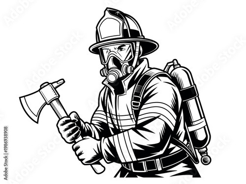 A firefighter in full gear holding an axe and wearing a gas mask and oxygen tank on his back