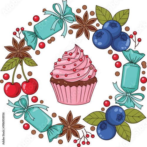 Sweet Cupcake in Pink with Candies, Berries, and Spices in a Decorative Wreath for Dessert, Holiday, and Sweet Treat Illustrations
