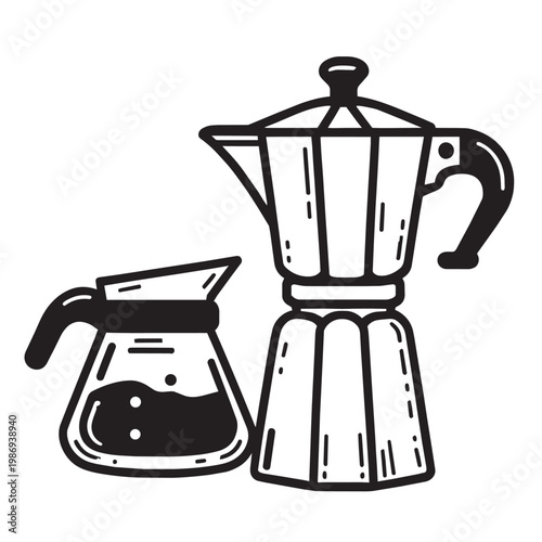 pour over kettle and dripper, doodle art style, casual black line