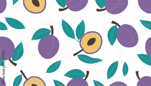 Colorful seamless pattern of purple plums with green leaves on white background