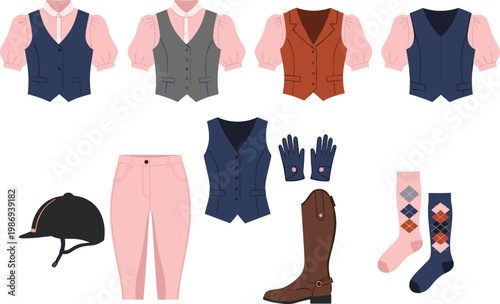 Equestrian Riding Outfit Set with Vests, Gloves, Helmet, Boots, and Riding Pants for Horseback Riding and Sports-Themed Illustrations