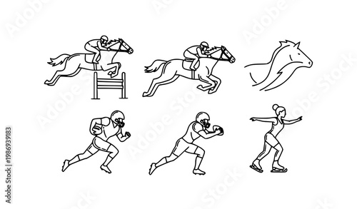 Modern sports icon collection with horse racing rugby football throw and ice skating outline vector set
