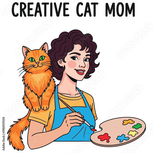 creative cat mom painting with ginger cat flat design vector illustration