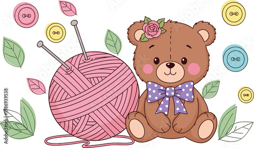 Adorable Bear with Pink Yarn Ball, Knitting Needles, and Colorful Buttons for Craft, DIY, and Cute Animal Illustrations