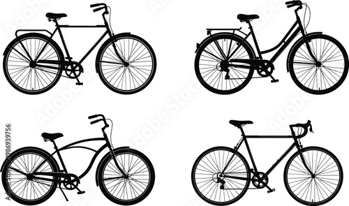 Flat vector illustration of four bicycle silhouettes, city bike, step‑through commuter, cruiser bicycle, road bike, frame variations, black graphic design