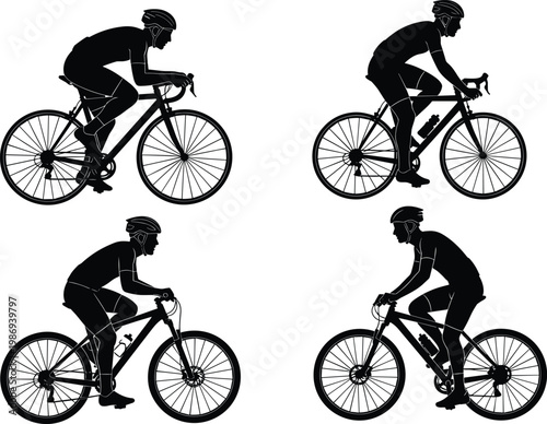 Flat vector illustration of four cyclist silhouettes, road bikes, mountain bikes, racing posture, upright riding style, helmeted riders, black design