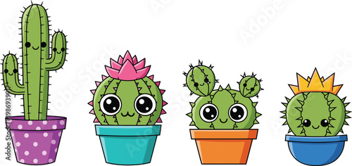 Kawaii Cactus Plants with Big Eyes and Colorful Pots, Fun and Cute Succulent Set for Nature and Cartoon-Themed Illustrations